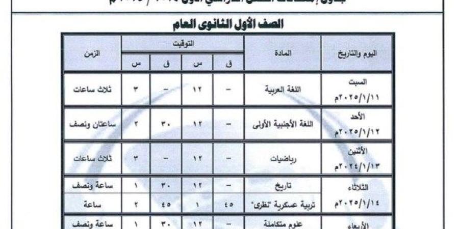 جدول امتحانات نصف العام 2025 الصفين الأول والثاني الثانوي جميع المحافظات |تفاصيل وصور